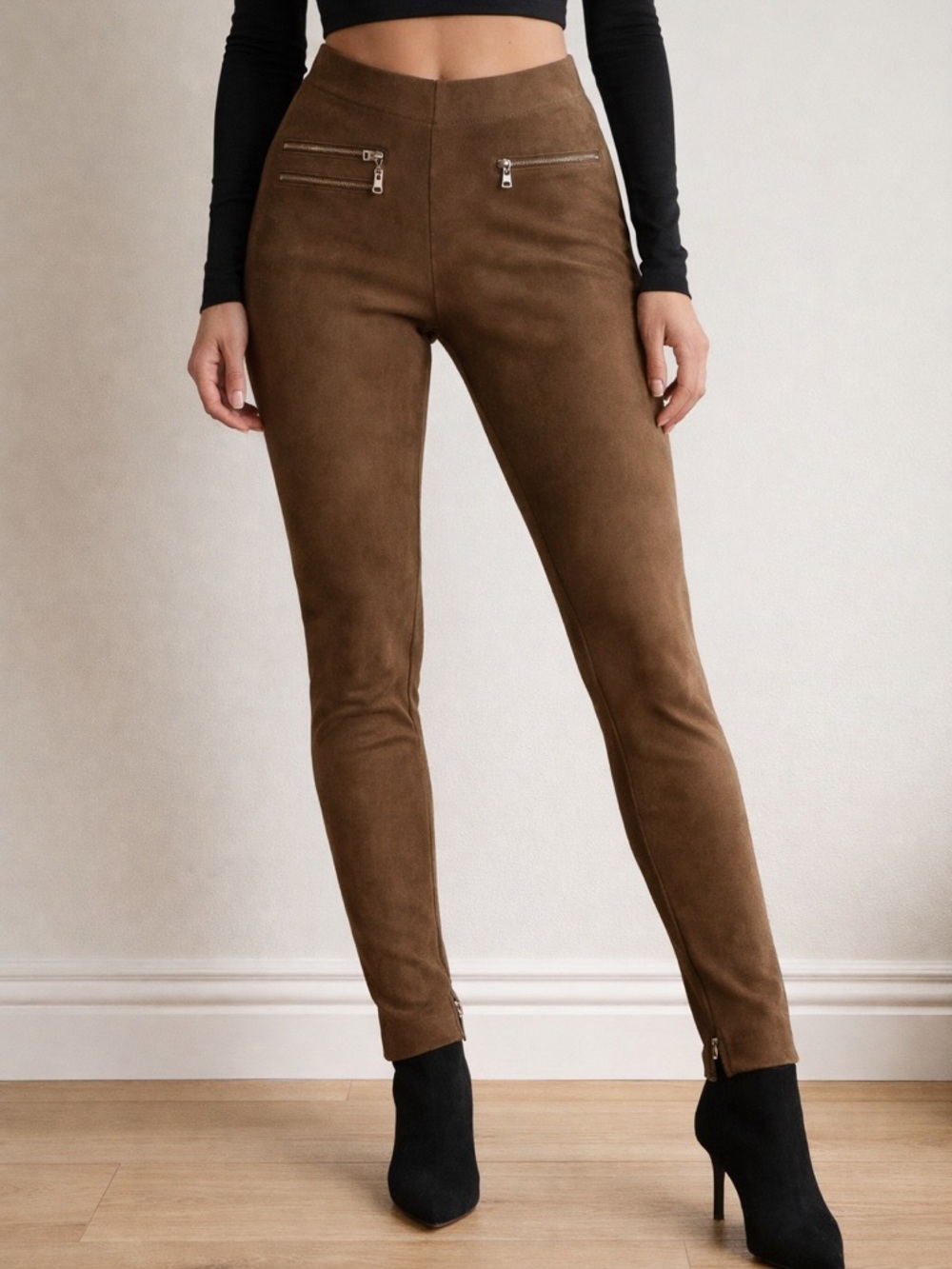 BCBGMaxAzria Brown Faux Suede Skinny Pants with Zip Details